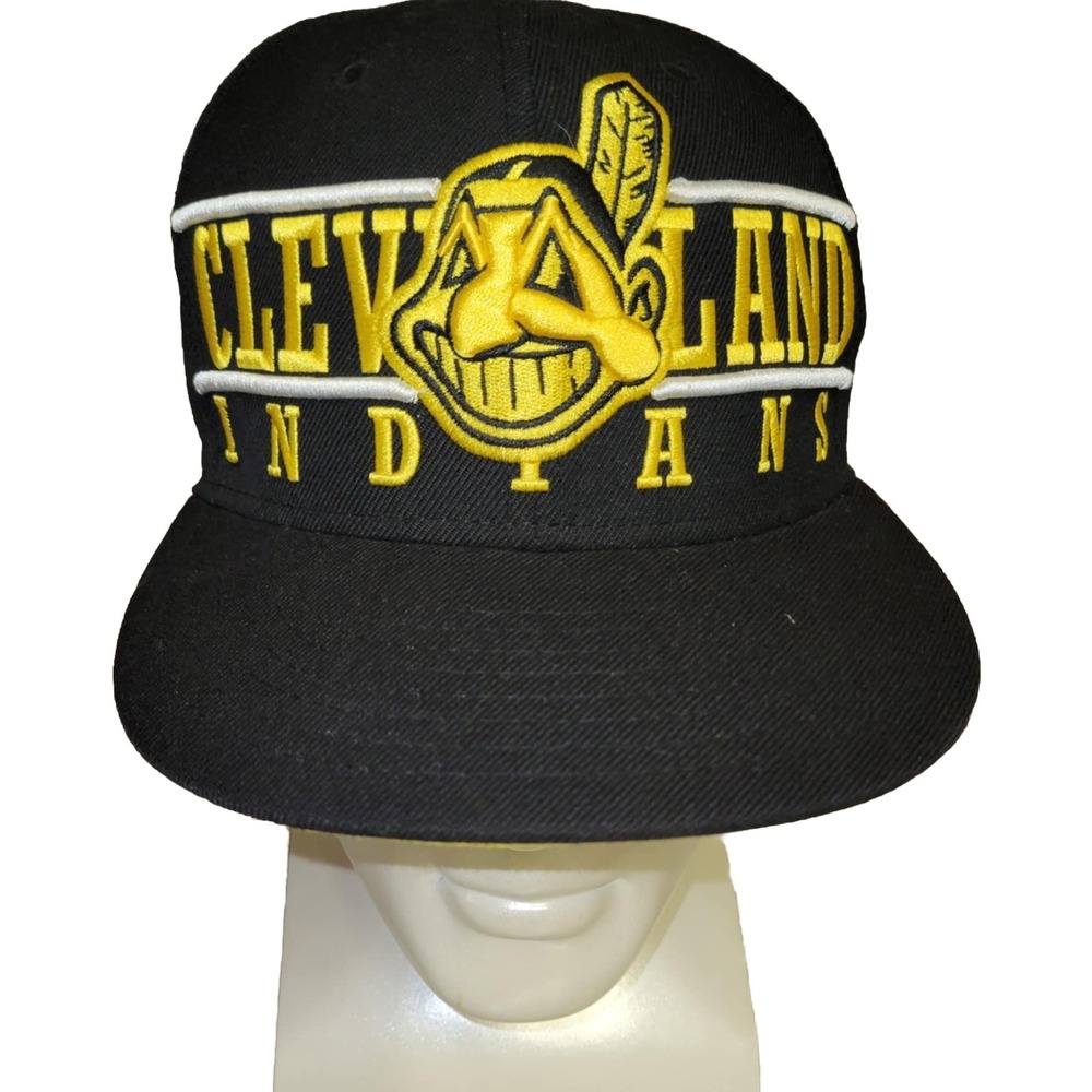 New Era 9Fifty Cleveland Indians Hat Chief Wahoo Embroidered Black Yellow Wool